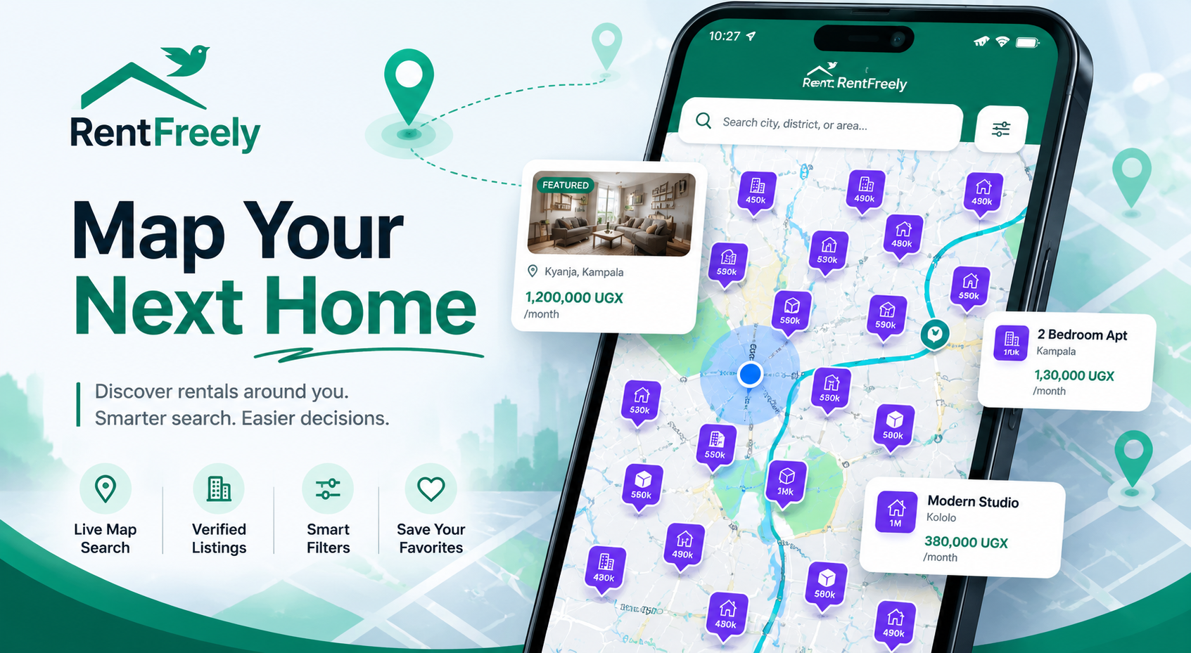 RentFreely app preview — Map Your Next Home across Uganda